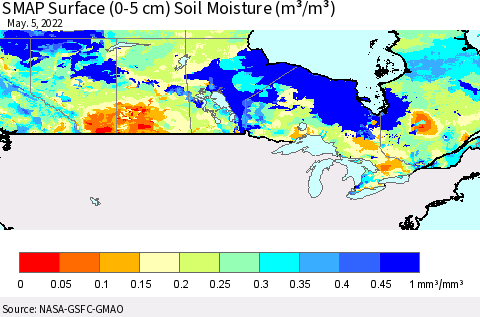 Canada SMAP Surface (0-5 cm) Soil Moisture (m³/m³) Thematic Map For 5/1/2022 - 5/5/2022