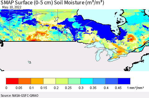 Canada SMAP Surface (0-5 cm) Soil Moisture (m³/m³) Thematic Map For 5/6/2022 - 5/10/2022