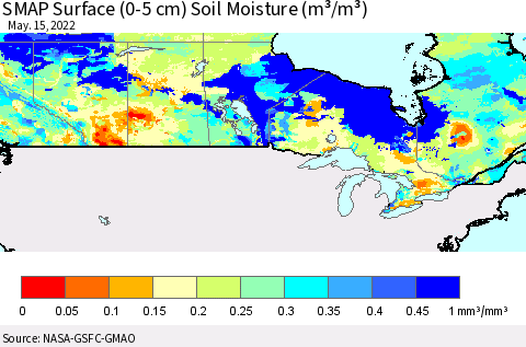 Canada SMAP Surface (0-5 cm) Soil Moisture (m³/m³) Thematic Map For 5/11/2022 - 5/15/2022