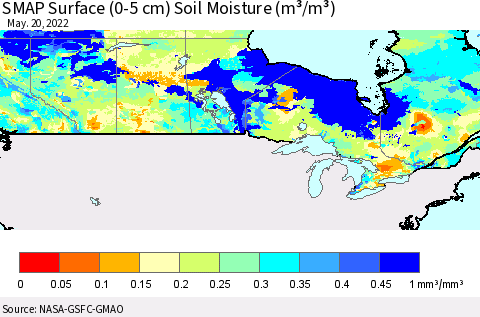 Canada SMAP Surface (0-5 cm) Soil Moisture (m³/m³) Thematic Map For 5/16/2022 - 5/20/2022