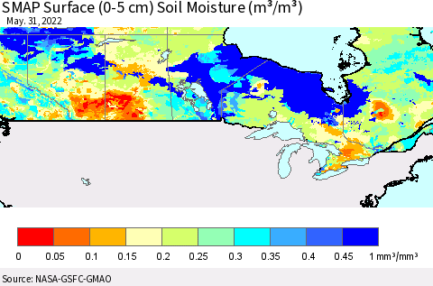 Canada SMAP Surface (0-5 cm) Soil Moisture (m³/m³) Thematic Map For 5/26/2022 - 5/31/2022