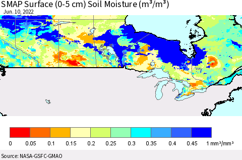 Canada SMAP Surface (0-5 cm) Soil Moisture (m³/m³) Thematic Map For 6/6/2022 - 6/10/2022
