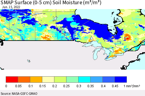 Canada SMAP Surface (0-5 cm) Soil Moisture (m³/m³) Thematic Map For 6/11/2022 - 6/15/2022