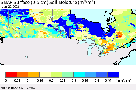 Canada SMAP Surface (0-5 cm) Soil Moisture (m³/m³) Thematic Map For 6/16/2022 - 6/20/2022