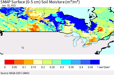 Canada SMAP Surface (0-5 cm) Soil Moisture (m³/m³) Thematic Map For 6/26/2022 - 6/30/2022