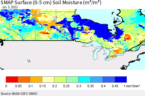 Canada SMAP Surface (0-5 cm) Soil Moisture (m³/m³) Thematic Map For 7/1/2022 - 7/5/2022