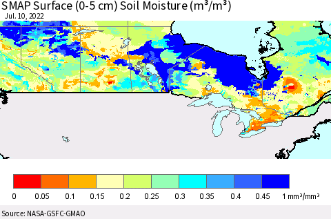 Canada SMAP Surface (0-5 cm) Soil Moisture (m³/m³) Thematic Map For 7/6/2022 - 7/10/2022