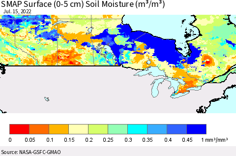 Canada SMAP Surface (0-5 cm) Soil Moisture (m³/m³) Thematic Map For 7/11/2022 - 7/15/2022