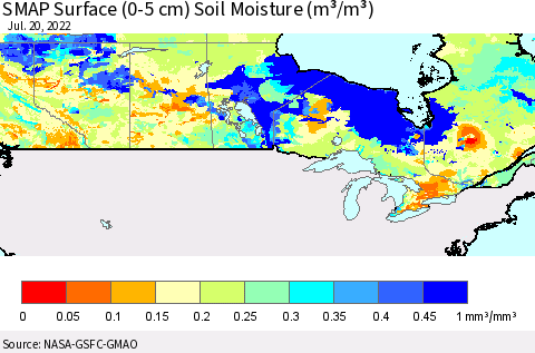 Canada SMAP Surface (0-5 cm) Soil Moisture (m³/m³) Thematic Map For 7/16/2022 - 7/20/2022