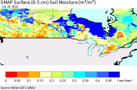 Canada SMAP Surface (0-5 cm) Soil Moisture (m³/m³) Thematic Map For 7/21/2022 - 7/25/2022