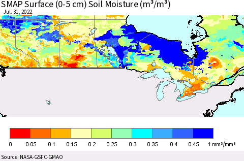 Canada SMAP Surface (0-5 cm) Soil Moisture (m³/m³) Thematic Map For 7/26/2022 - 7/31/2022