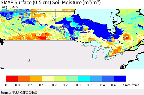 Canada SMAP Surface (0-5 cm) Soil Moisture (m³/m³) Thematic Map For 8/1/2022 - 8/5/2022