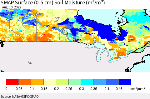 Canada SMAP Surface (0-5 cm) Soil Moisture (m³/m³) Thematic Map For 8/6/2022 - 8/10/2022