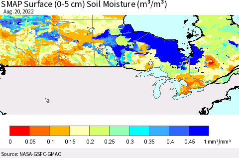 Canada SMAP Surface (0-5 cm) Soil Moisture (m³/m³) Thematic Map For 8/16/2022 - 8/20/2022
