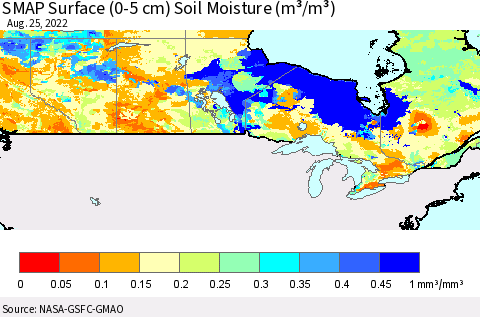 Canada SMAP Surface (0-5 cm) Soil Moisture (m³/m³) Thematic Map For 8/21/2022 - 8/25/2022