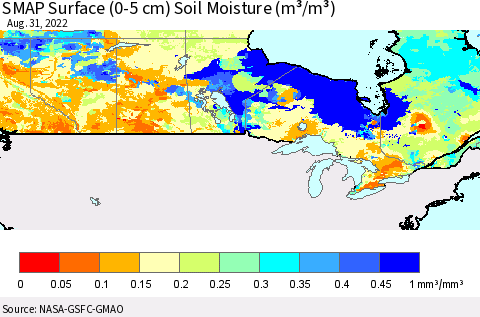 Canada SMAP Surface (0-5 cm) Soil Moisture (m³/m³) Thematic Map For 8/26/2022 - 8/31/2022