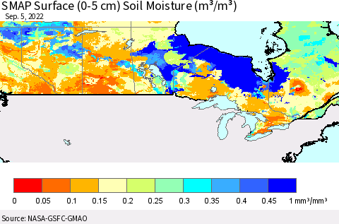 Canada SMAP Surface (0-5 cm) Soil Moisture (m³/m³) Thematic Map For 9/1/2022 - 9/5/2022