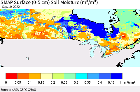 Canada SMAP Surface (0-5 cm) Soil Moisture (m³/m³) Thematic Map For 9/6/2022 - 9/10/2022