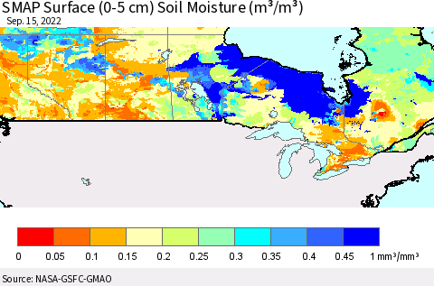 Canada SMAP Surface (0-5 cm) Soil Moisture (m³/m³) Thematic Map For 9/11/2022 - 9/15/2022