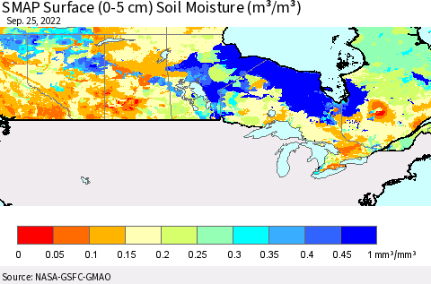 Canada SMAP Surface (0-5 cm) Soil Moisture (m³/m³) Thematic Map For 9/21/2022 - 9/25/2022