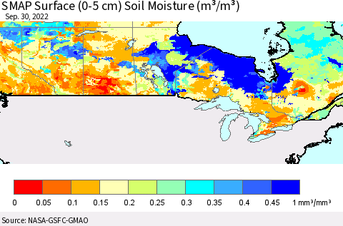 Canada SMAP Surface (0-5 cm) Soil Moisture (m³/m³) Thematic Map For 9/26/2022 - 9/30/2022