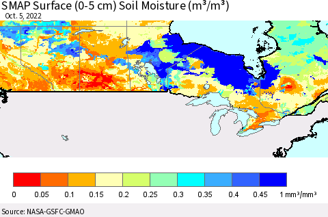 Canada SMAP Surface (0-5 cm) Soil Moisture (m³/m³) Thematic Map For 10/1/2022 - 10/5/2022