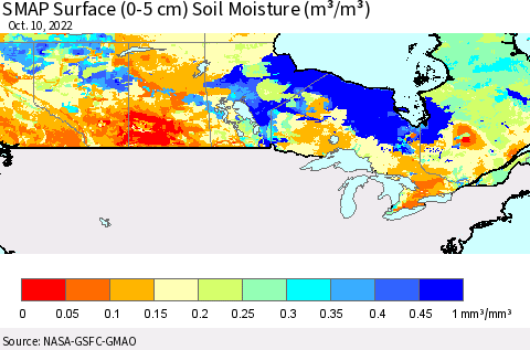 Canada SMAP Surface (0-5 cm) Soil Moisture (m³/m³) Thematic Map For 10/6/2022 - 10/10/2022