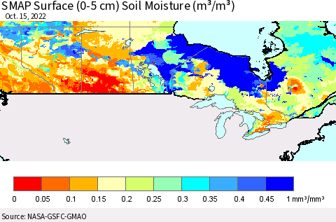 Canada SMAP Surface (0-5 cm) Soil Moisture (m³/m³) Thematic Map For 10/11/2022 - 10/15/2022