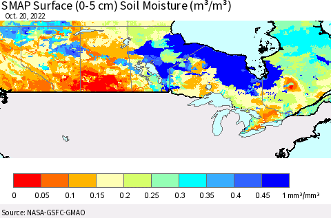 Canada SMAP Surface (0-5 cm) Soil Moisture (m³/m³) Thematic Map For 10/16/2022 - 10/20/2022
