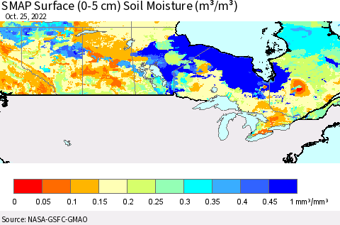 Canada SMAP Surface (0-5 cm) Soil Moisture (m³/m³) Thematic Map For 10/21/2022 - 10/25/2022