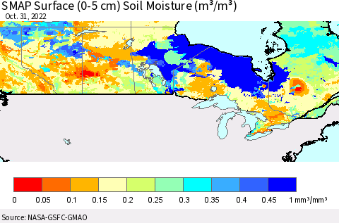 Canada SMAP Surface (0-5 cm) Soil Moisture (m³/m³) Thematic Map For 10/26/2022 - 10/31/2022