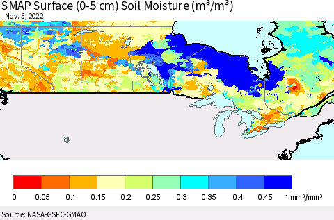 Canada SMAP Surface (0-5 cm) Soil Moisture (m³/m³) Thematic Map For 11/1/2022 - 11/5/2022