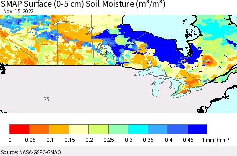 Canada SMAP Surface (0-5 cm) Soil Moisture (m³/m³) Thematic Map For 11/11/2022 - 11/15/2022