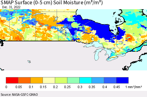 Canada SMAP Surface (0-5 cm) Soil Moisture (m³/m³) Thematic Map For 12/26/2022 - 12/31/2022