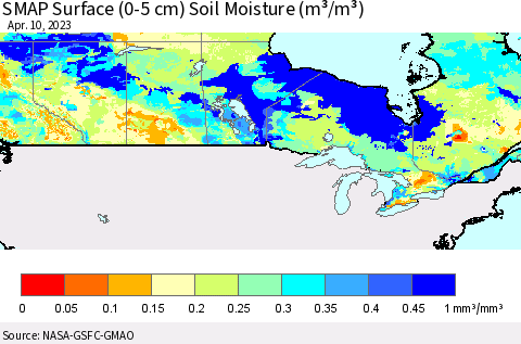 Canada SMAP Surface (0-5 cm) Soil Moisture (m³/m³) Thematic Map For 4/6/2023 - 4/10/2023