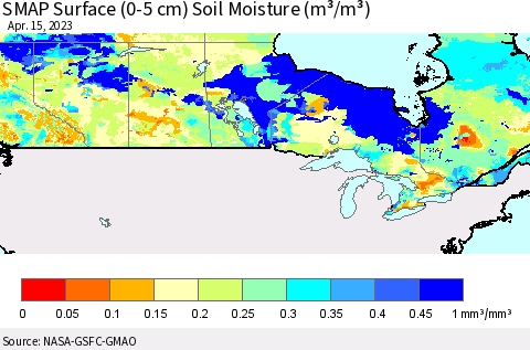 Canada SMAP Surface (0-5 cm) Soil Moisture (m³/m³) Thematic Map For 4/11/2023 - 4/15/2023