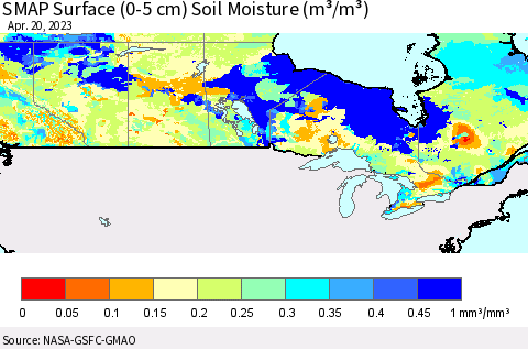 Canada SMAP Surface (0-5 cm) Soil Moisture (m³/m³) Thematic Map For 4/16/2023 - 4/20/2023