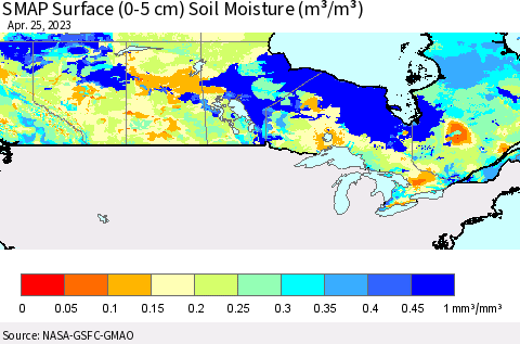 Canada SMAP Surface (0-5 cm) Soil Moisture (m³/m³) Thematic Map For 4/21/2023 - 4/25/2023