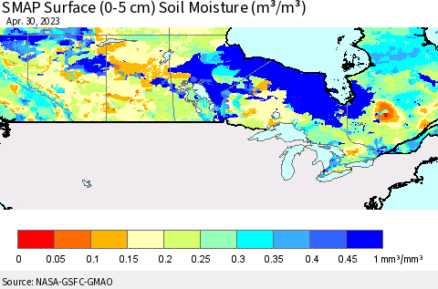 Canada SMAP Surface (0-5 cm) Soil Moisture (m³/m³) Thematic Map For 4/26/2023 - 4/30/2023