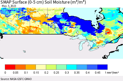 Canada SMAP Surface (0-5 cm) Soil Moisture (m³/m³) Thematic Map For 5/1/2023 - 5/5/2023