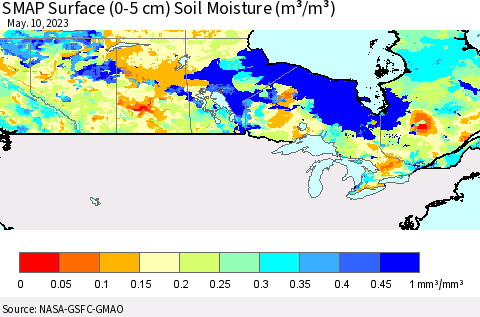Canada SMAP Surface (0-5 cm) Soil Moisture (m³/m³) Thematic Map For 5/6/2023 - 5/10/2023