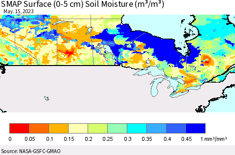 Canada SMAP Surface (0-5 cm) Soil Moisture (m³/m³) Thematic Map For 5/11/2023 - 5/15/2023