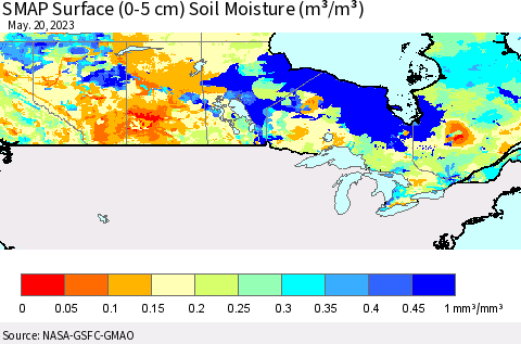Canada SMAP Surface (0-5 cm) Soil Moisture (m³/m³) Thematic Map For 5/16/2023 - 5/20/2023