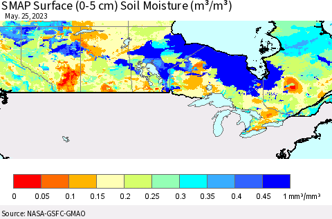 Canada SMAP Surface (0-5 cm) Soil Moisture (m³/m³) Thematic Map For 5/21/2023 - 5/25/2023