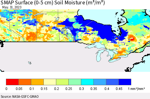 Canada SMAP Surface (0-5 cm) Soil Moisture (m³/m³) Thematic Map For 5/26/2023 - 5/31/2023