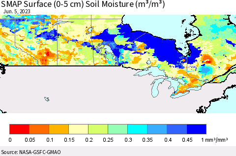 Canada SMAP Surface (0-5 cm) Soil Moisture (m³/m³) Thematic Map For 6/1/2023 - 6/5/2023