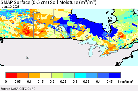 Canada SMAP Surface (0-5 cm) Soil Moisture (m³/m³) Thematic Map For 6/6/2023 - 6/10/2023
