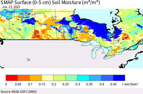 Canada SMAP Surface (0-5 cm) Soil Moisture (m³/m³) Thematic Map For 6/11/2023 - 6/15/2023