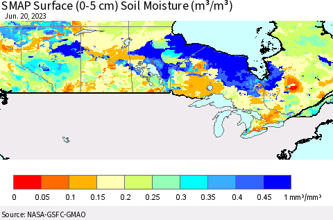 Canada SMAP Surface (0-5 cm) Soil Moisture (m³/m³) Thematic Map For 6/16/2023 - 6/20/2023