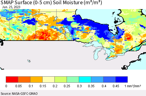 Canada SMAP Surface (0-5 cm) Soil Moisture (m³/m³) Thematic Map For 6/21/2023 - 6/25/2023